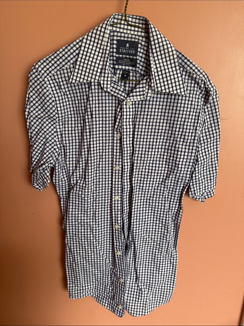 Stafford Navy and White Gingham Short-Sleeve Button-Down Shirt